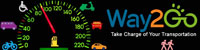 black rectangle with brightly colored images of a speedometer and modes of transportation; logo for Way2Go