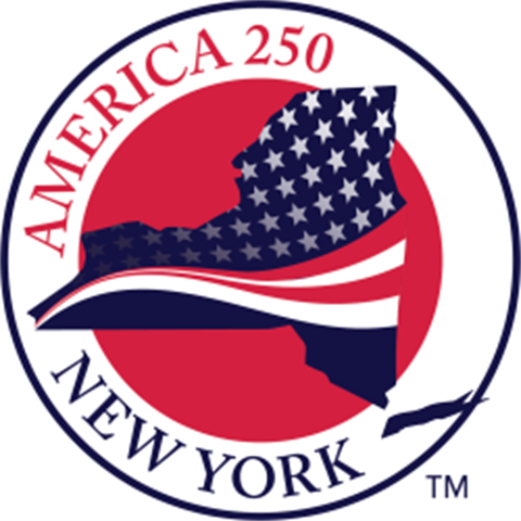 Seal Logo for America 250 Commemmoration in New York with state outline filled in with American flag