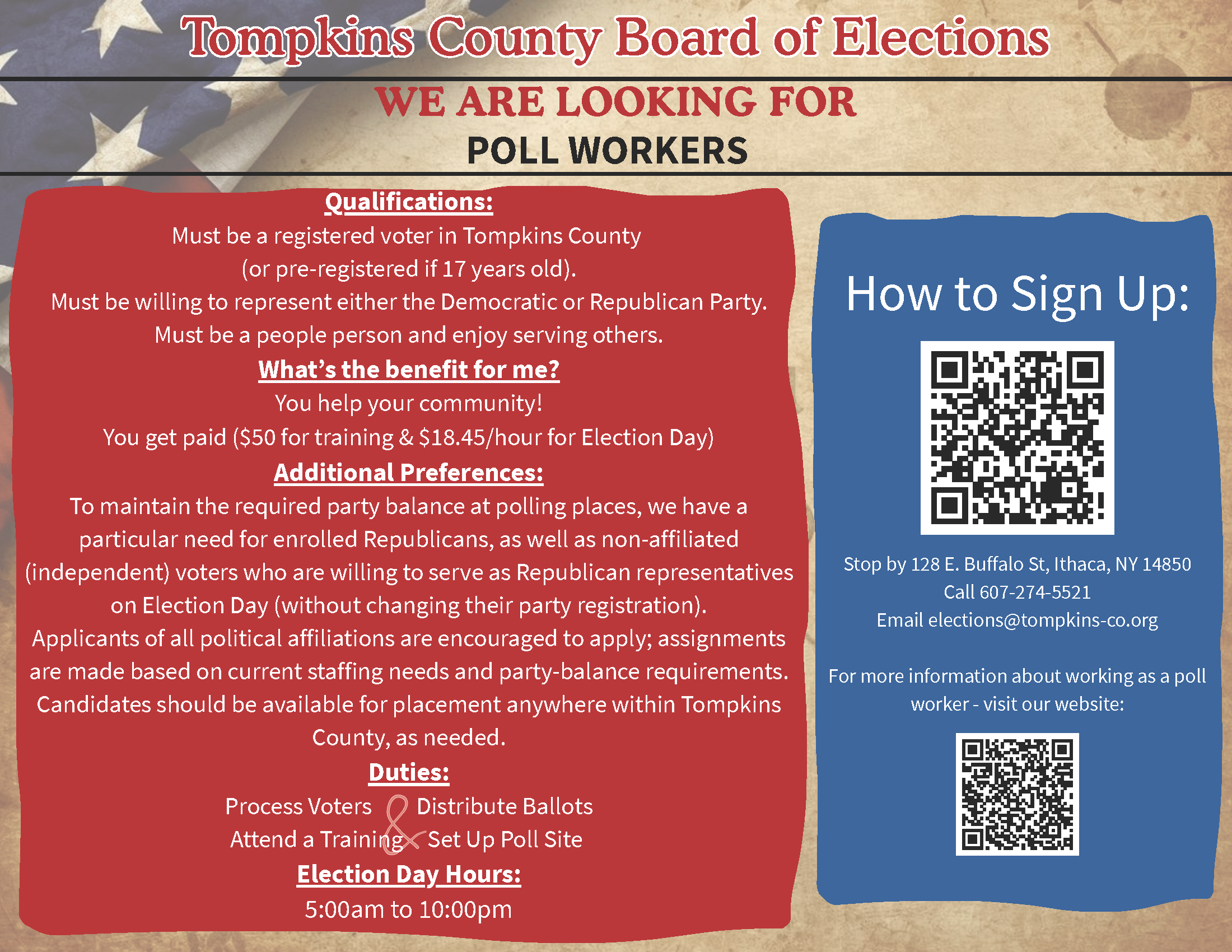 Tompkins County Board of Elections looking for poll workers: call 607-274-5521 if interested