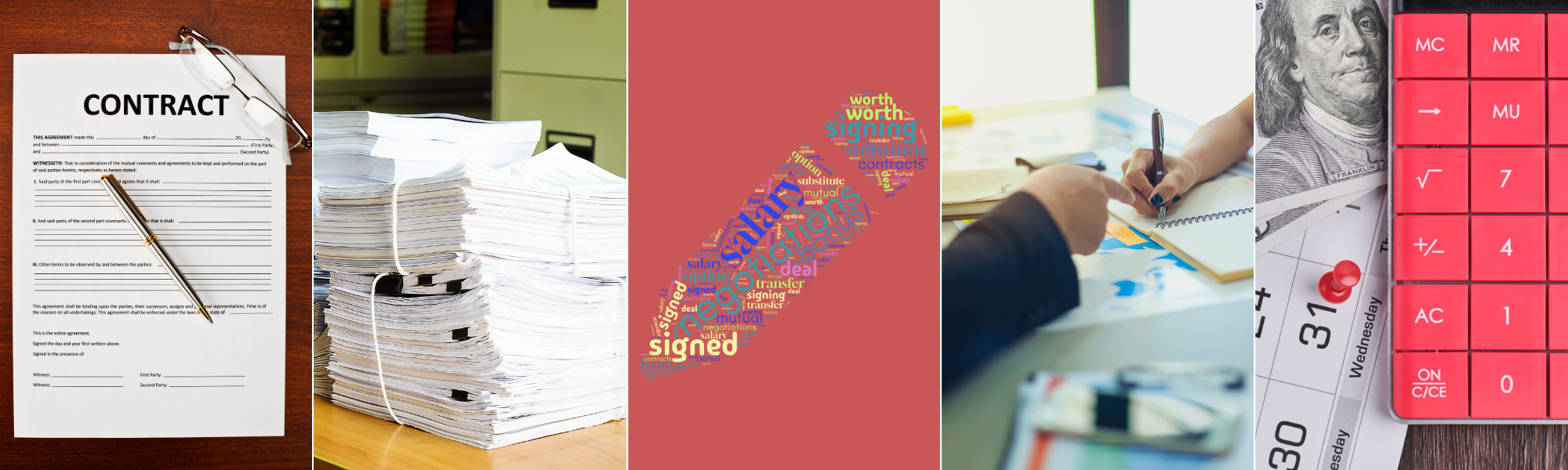 A collage of five images: a contract with a pen, stacks of paper, a word cloud in a pencil shape, hands writing on paper, and a calculator with money beside a calendar.