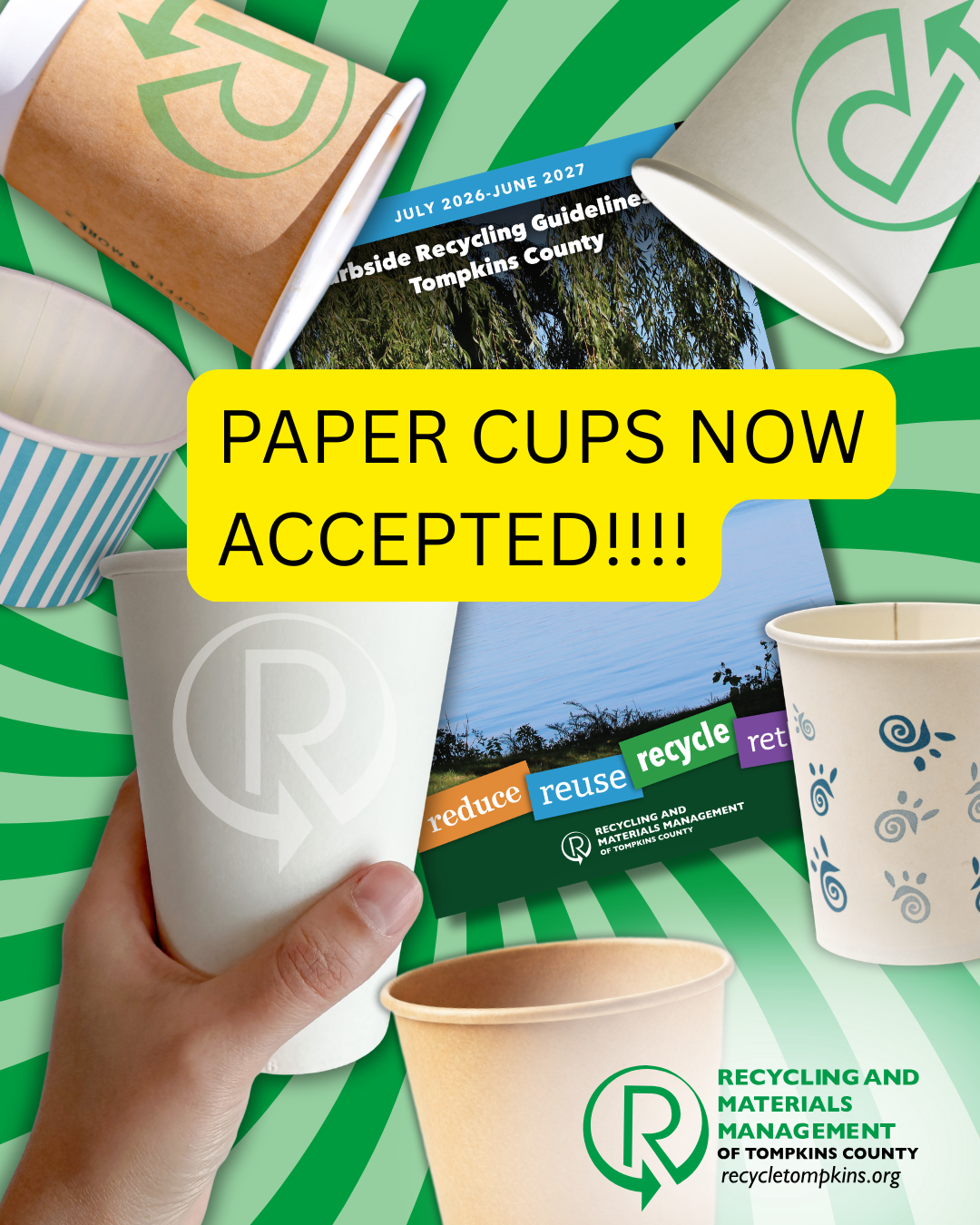 a hypnotic swirl with paper cups surrounding a the 2026-2027 Curbside Recycling Guidelines