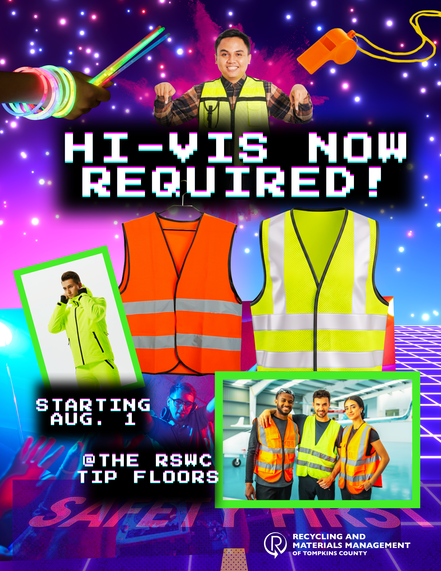 hi-vis vests now required poster with one orange vest and one yellow vest in the center. they are floating in space in an 80s inspired dance club scene.