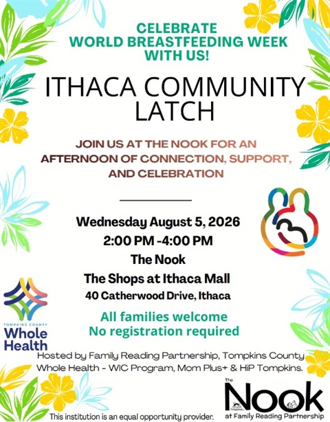 Ithaca Community Latch event flyer (August 5, 2026, 2pm-4pm, The Nook at the Shops at Ithaca Mall)