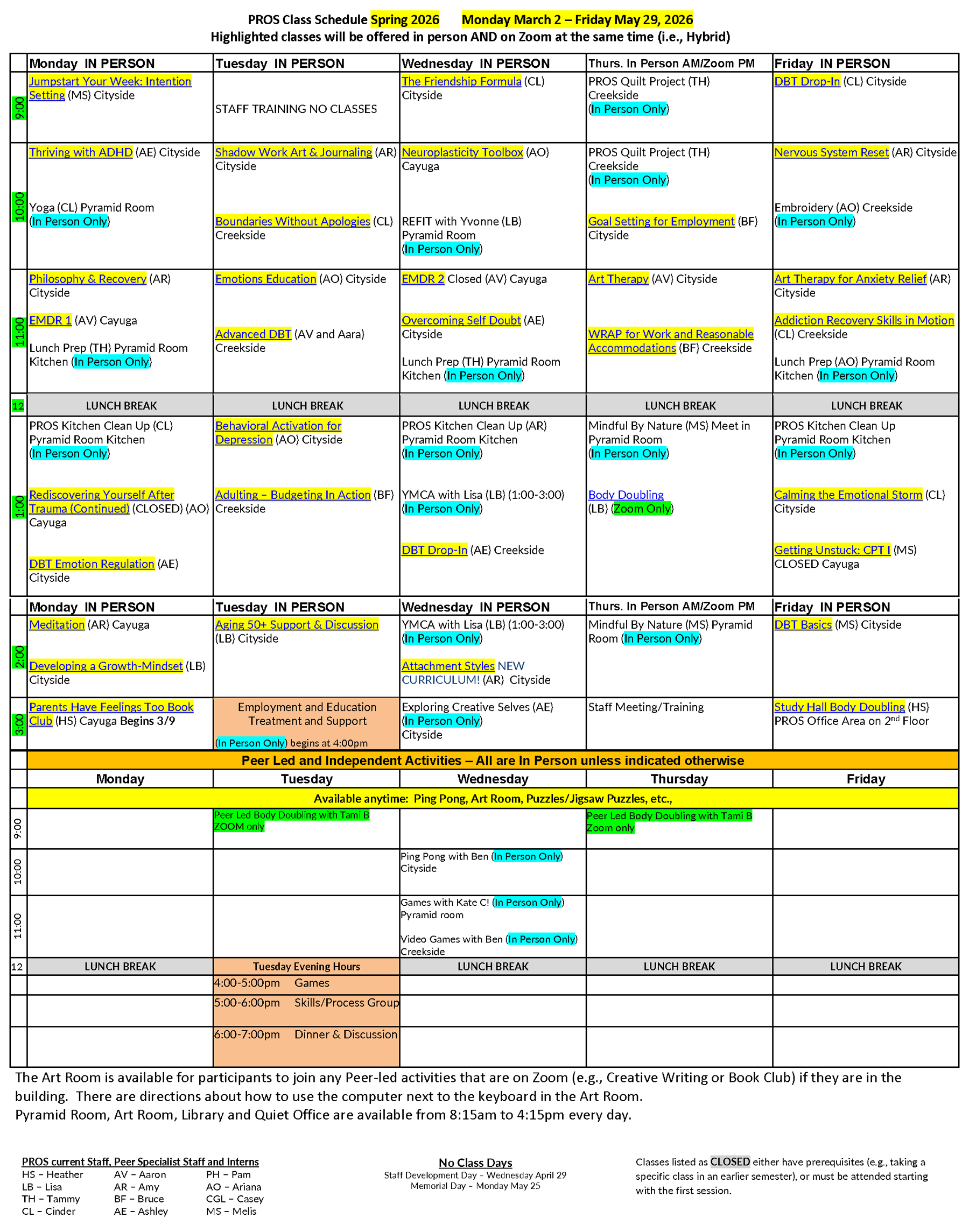 PROS Spring 2026 Class Schedule