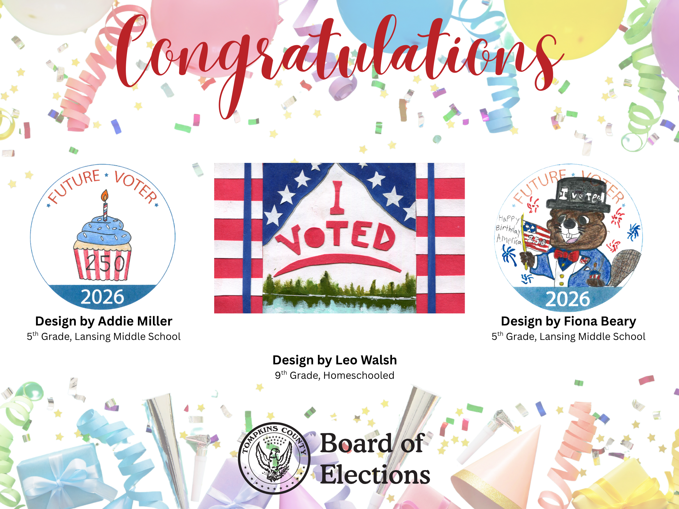 Three winning designs for election sticker contest