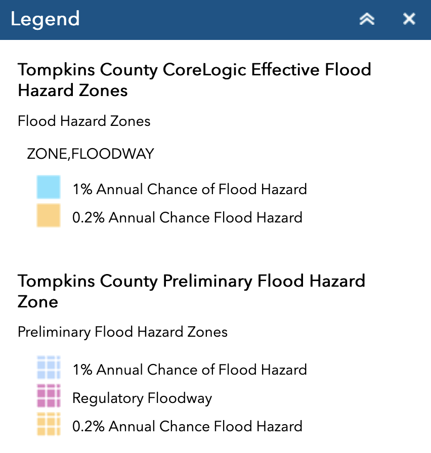 the legend to the map outlines the layers on the map which are CoreLogic Effective Flood Hazard 1% and .2% Annual Chance of Flood Hazards as well as the Preliminary Flood Hazard 1% and .2% Annual Chance of Flood Hazards src=