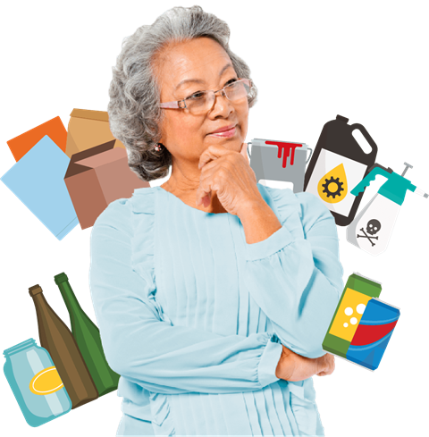 woman with her hand to her chin, thinking about what to do with her waste. illustrations of glass containers, cans, cardboard and household hazardous waste.