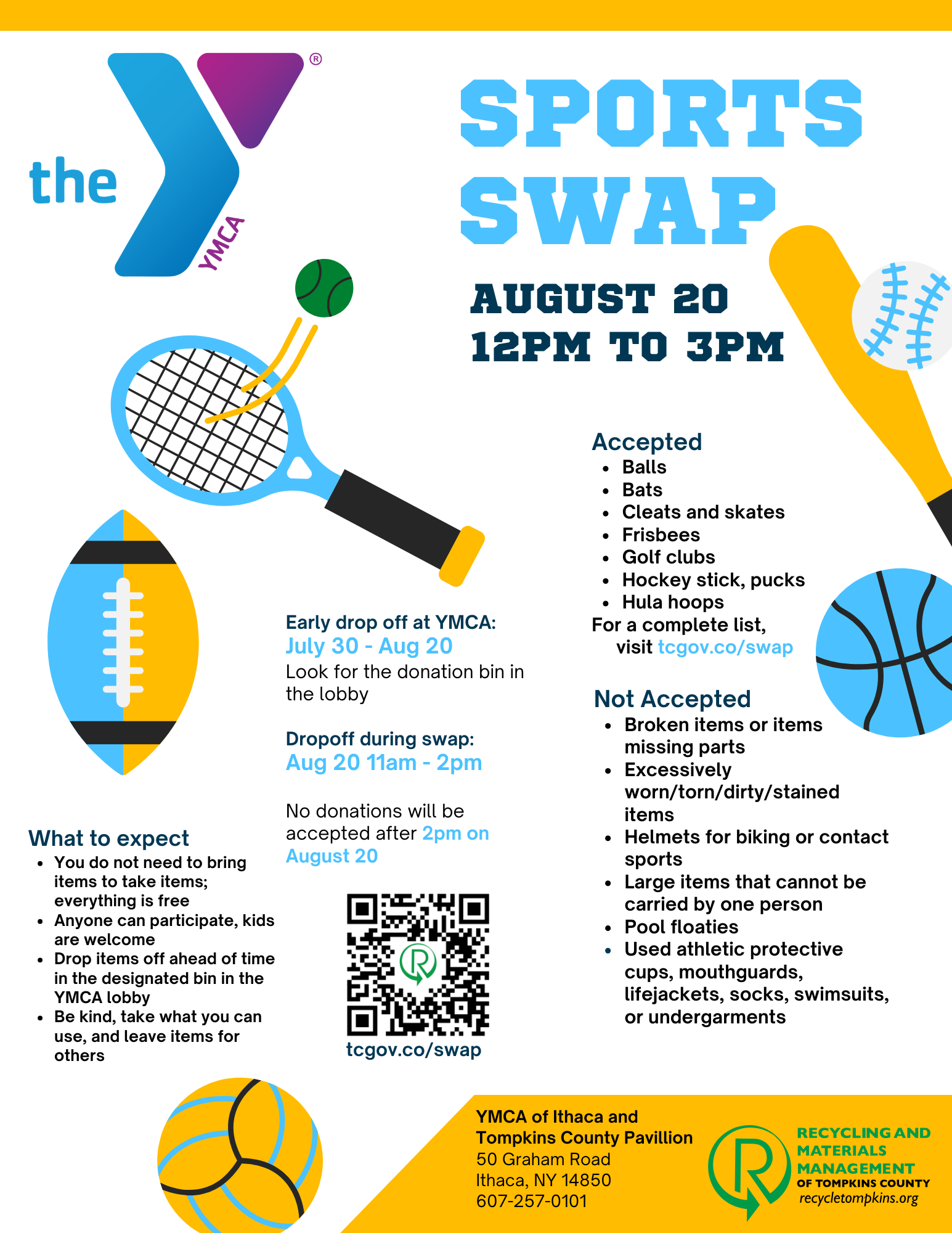 YMCA Sports Stuff Swap poster with sporting equipment like a football, soccer ball, basketball and tennis racket.