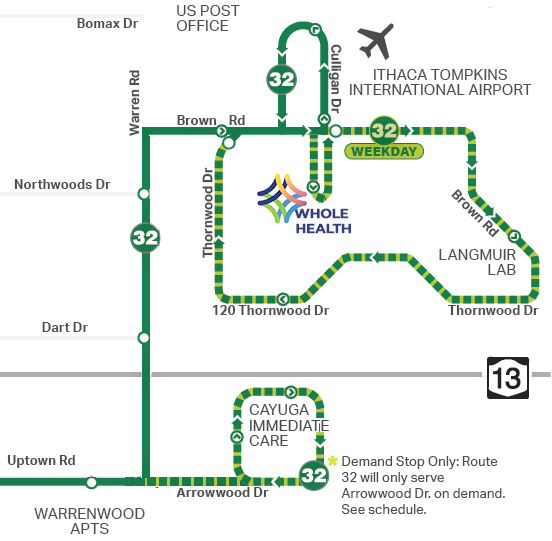 Map NW section of TCAT bus Rt 32, TCWH stop