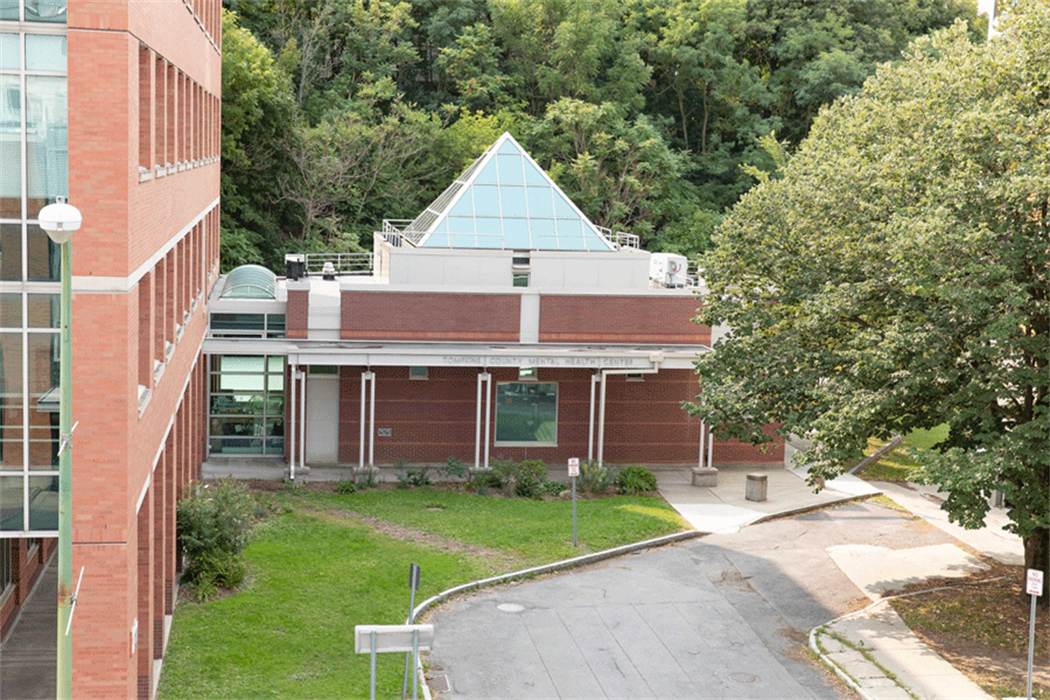 Looking down at the Mental Health building entrance at 201 E Green St