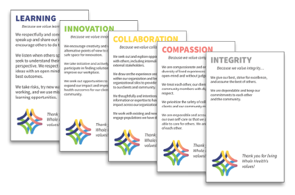 Values-based culture cards: Learning, Innovation, Collaboration, Compassion, and Integrity.