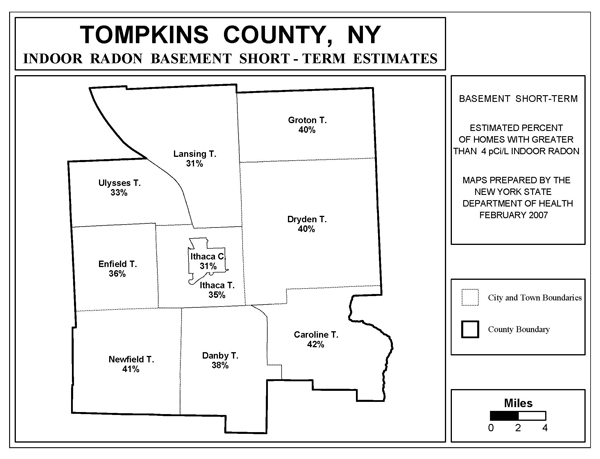 Radon prevalence map for Tompkins County